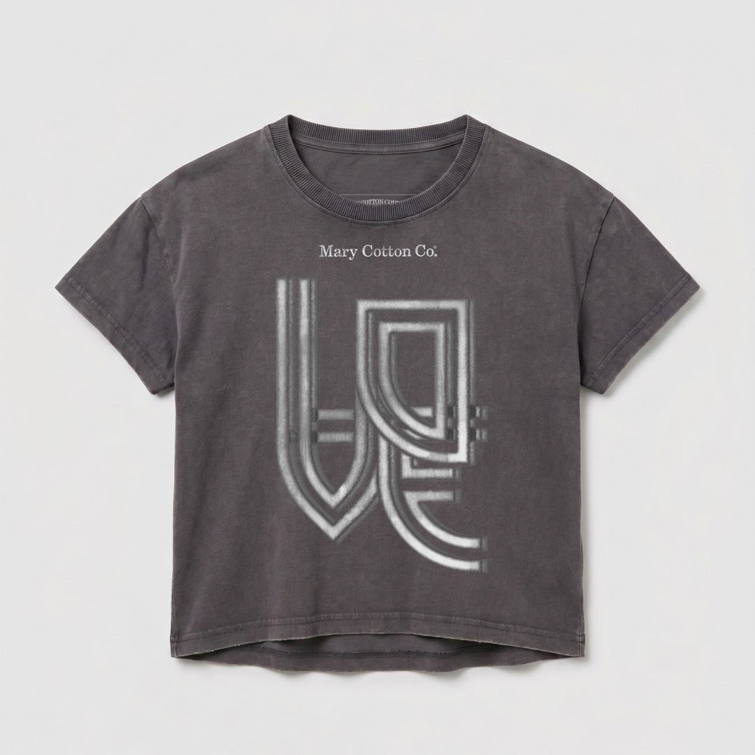 Gray t-shirt with "Mary Cotton Co." and metallic logo graphic.