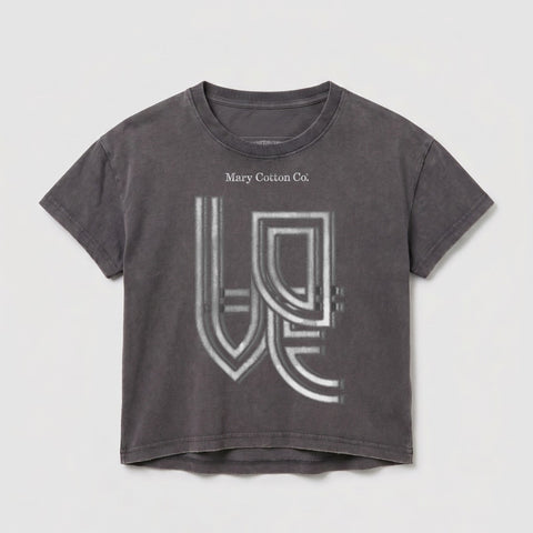 Gray t-shirt with "Mary Cotton Co." and metallic logo graphic.