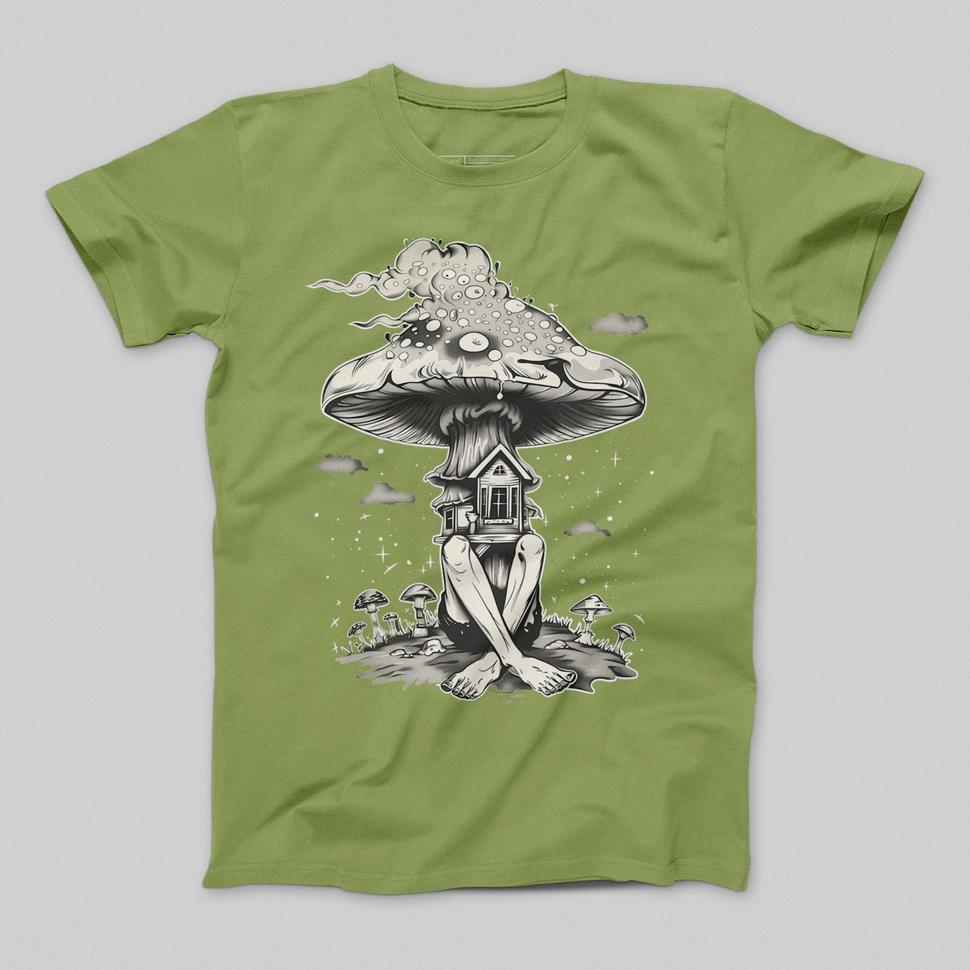Surreal Mushroom House Illustrated T-shirt Design