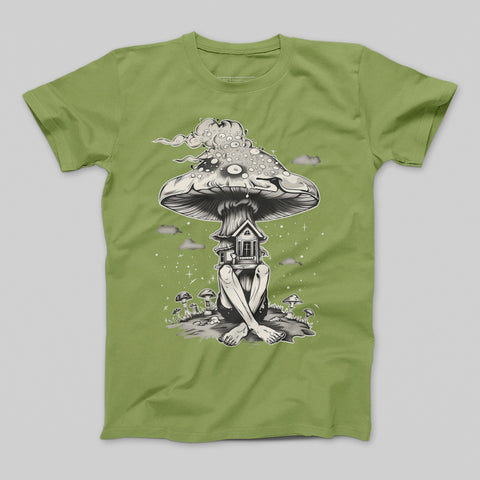 Surreal Mushroom House Illustrated T-shirt Design