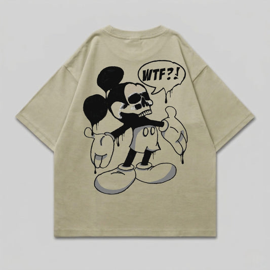T-shirt with a distressed Mickey Mouse skull graphic and "WTF?!" speech bubble.