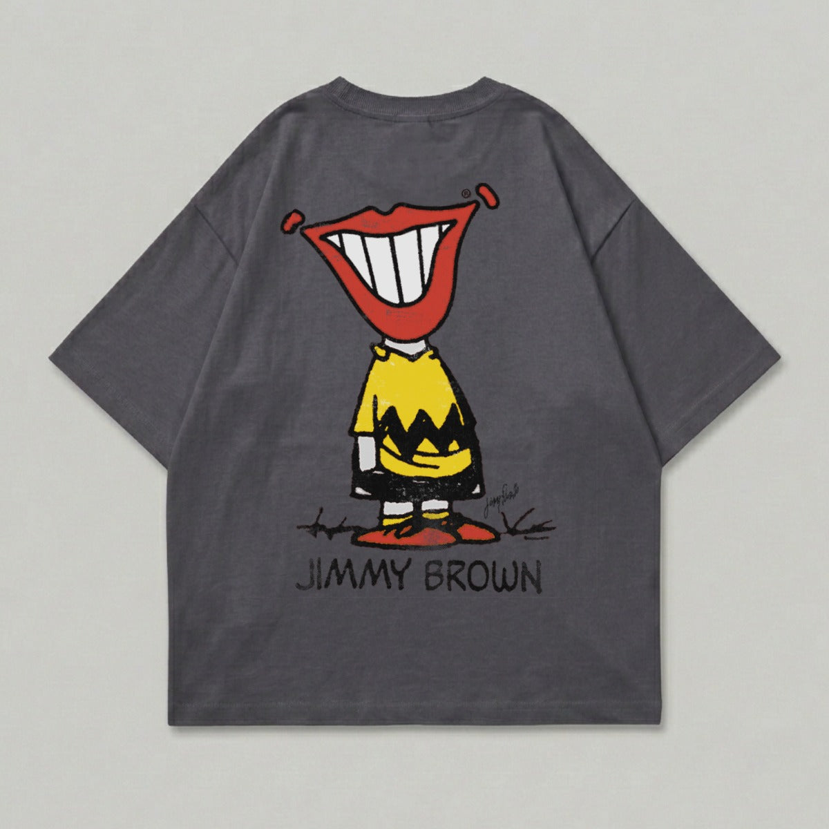Charcoal t-shirt with "Jimmy Brown" and cartoon mouth graphic.