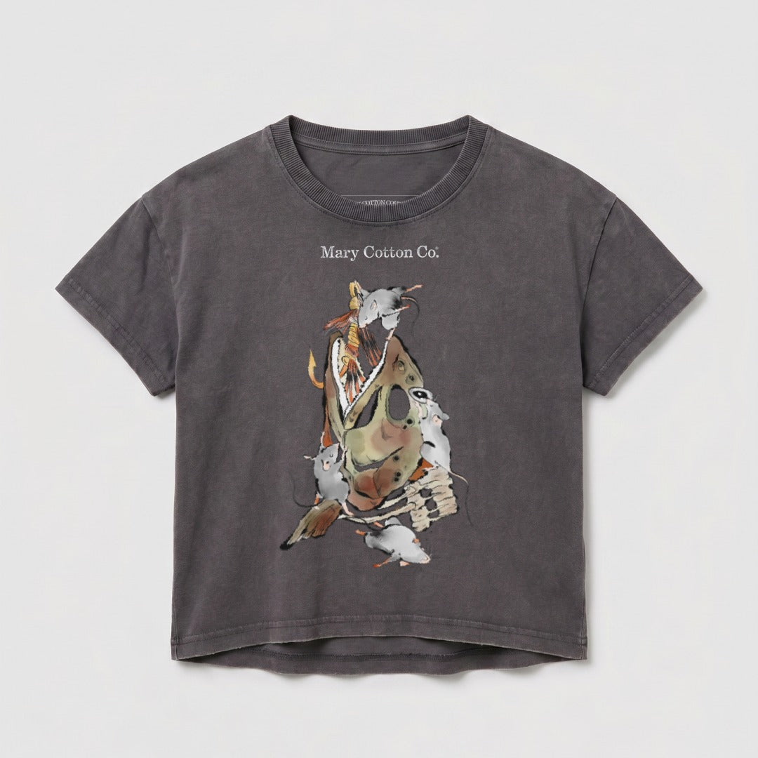 Gray t-shirt with graphic of a decaying fish with mice and moths.