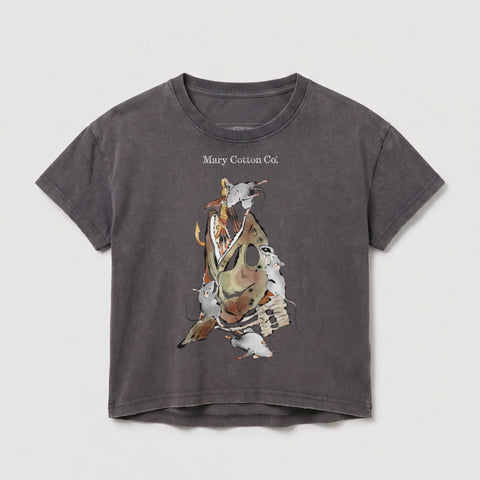 Gray t-shirt with graphic of a decaying fish with mice and moths.