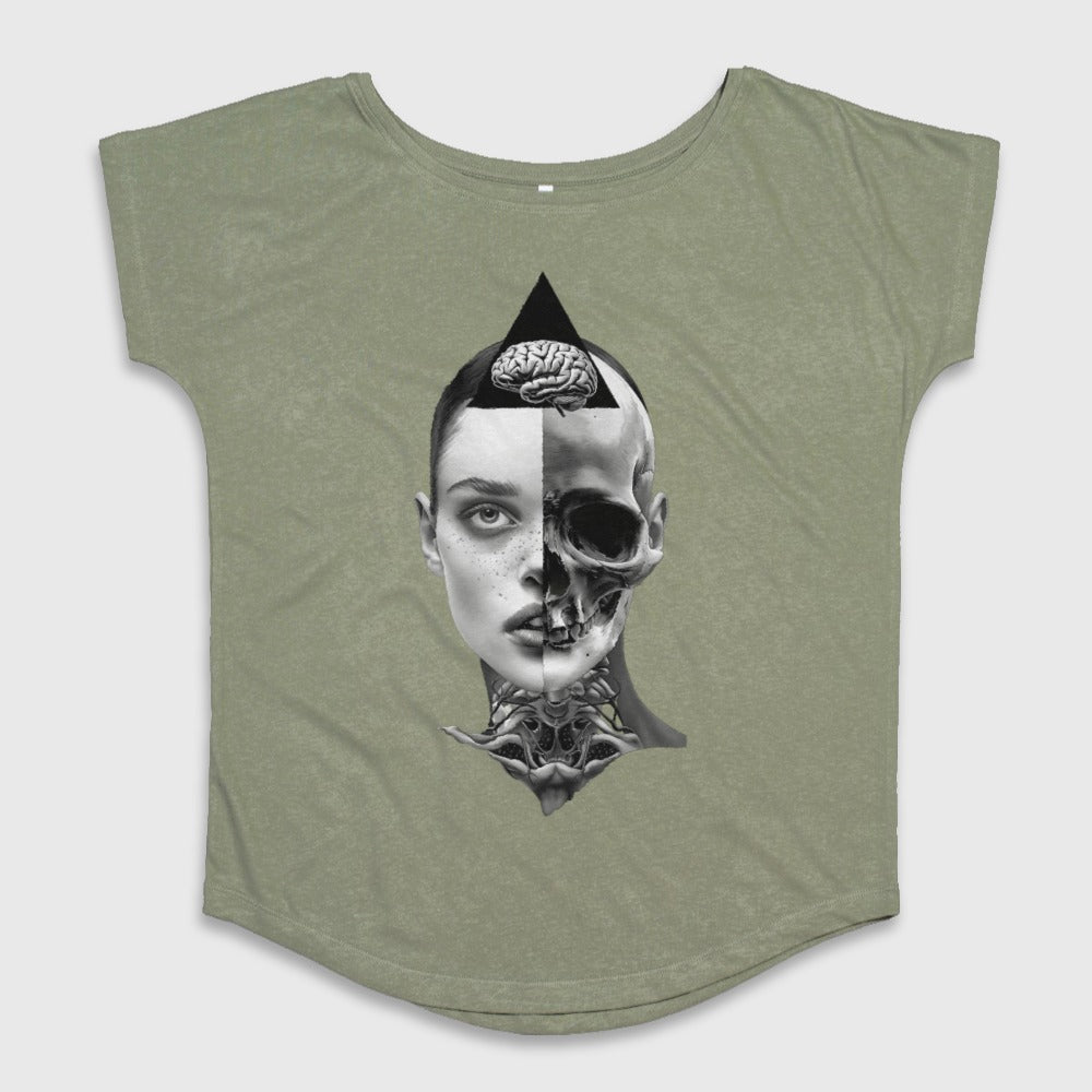 Brain Exposed Half Human Half Skull Graphic T-Shirt
