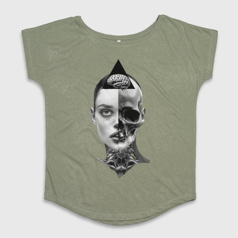 Brain Exposed Half Human Half Skull Graphic T-Shirt