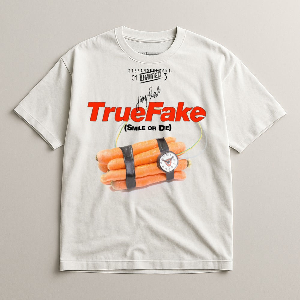 White t-shirt with "TrueFake (Smile or Die)" graphic of carrots taped to a bomb timer.