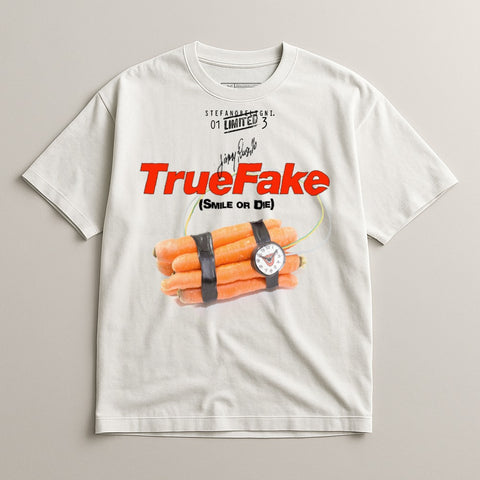 White t-shirt with "TrueFake (Smile or Die)" graphic of carrots taped to a bomb timer.