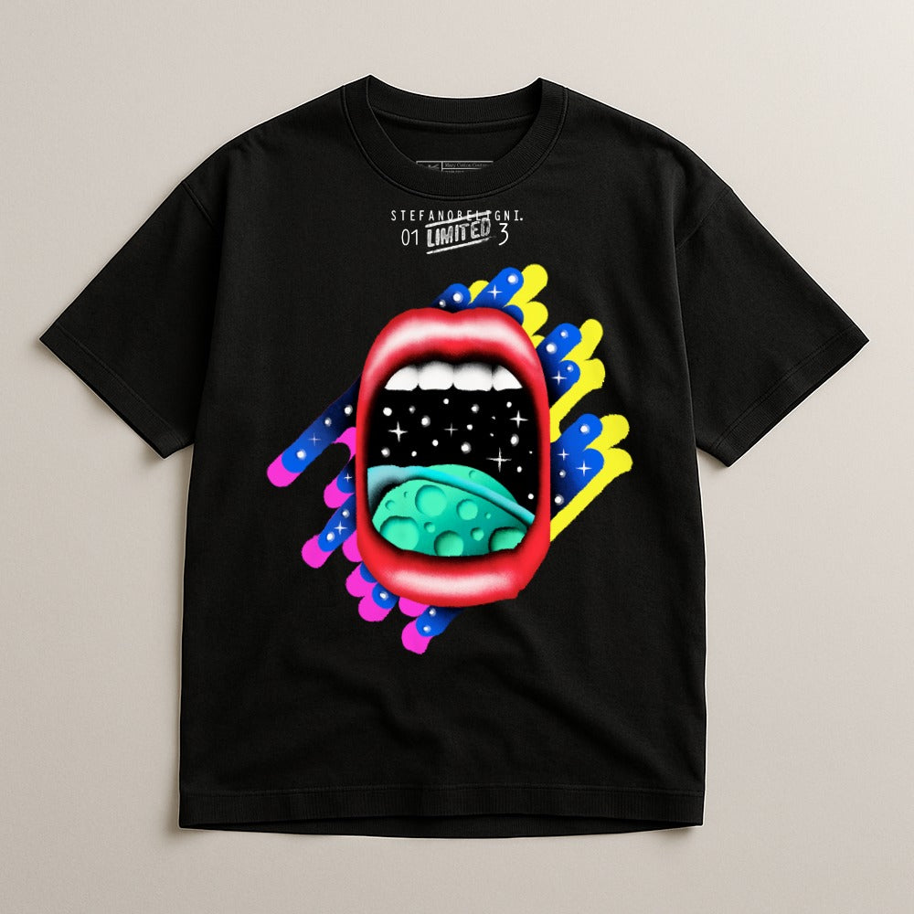 Vibrant Graphic Tee with Space and Lips Design