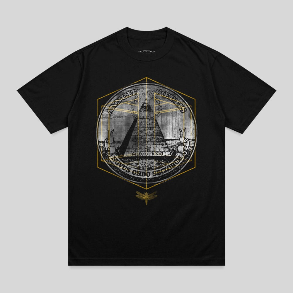 Black t-shirt featuring a circular emblem with a pyramid and eye, and text.