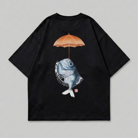 Black t-shirt with a detailed illustration of a fish holding an umbrella.