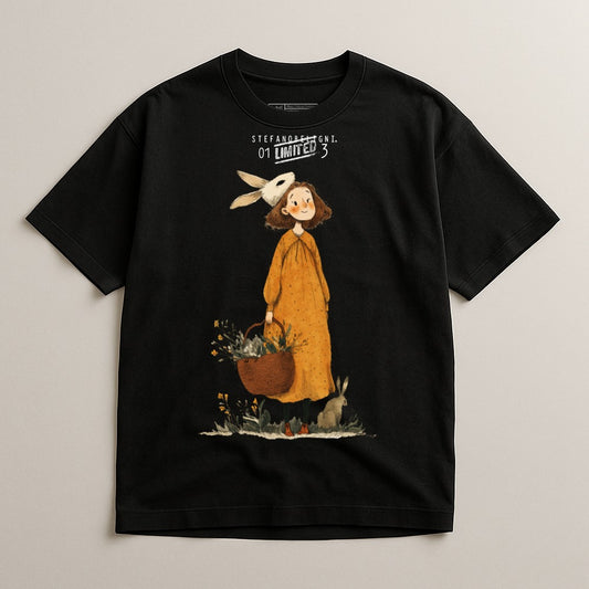 Girl in orange dress with basket and rabbits, "STEFANOPROGN. 01 LIMITED 3" text.