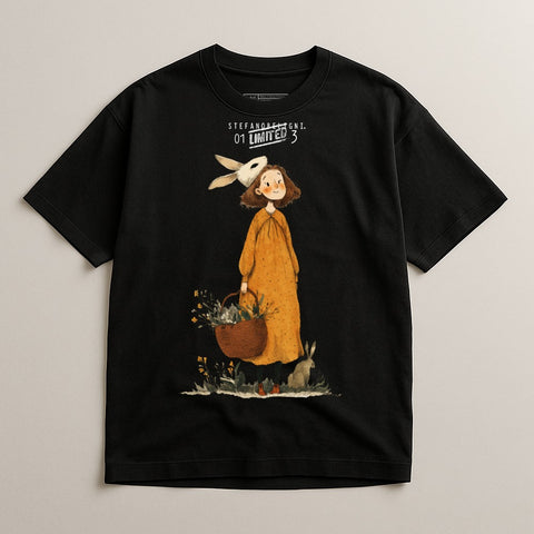 Girl in orange dress with basket and rabbits, "STEFANOPROGN. 01 LIMITED 3" text.