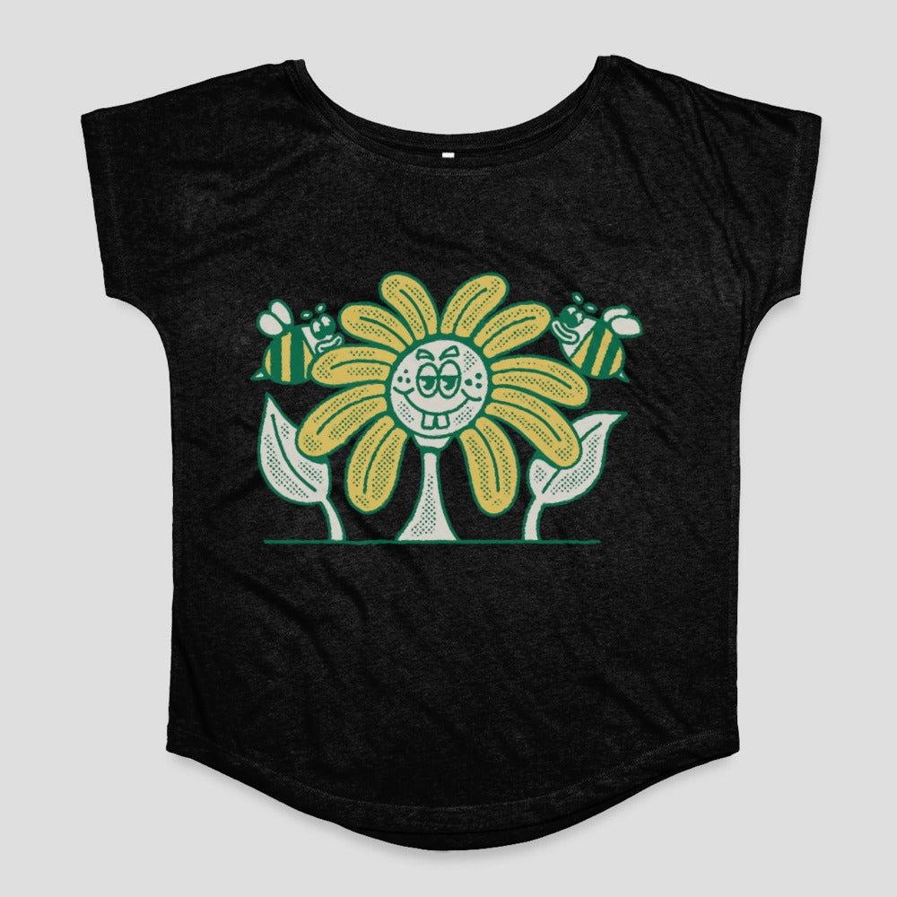 Smiling Flower with Bees Graphic on Black Shirt