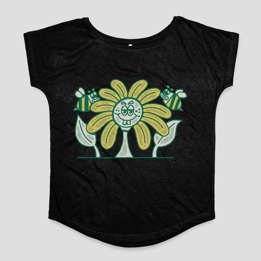 Smiling Flower with Bees Graphic on Black Shirt