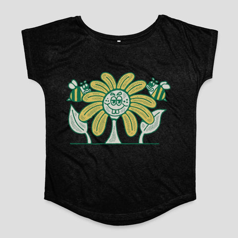 Smiling Flower with Bees Graphic on Black Shirt