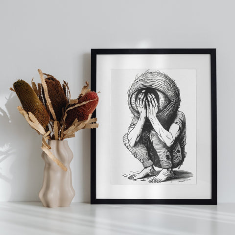 Emotional Ink Drawing of Person Covering Face wall art