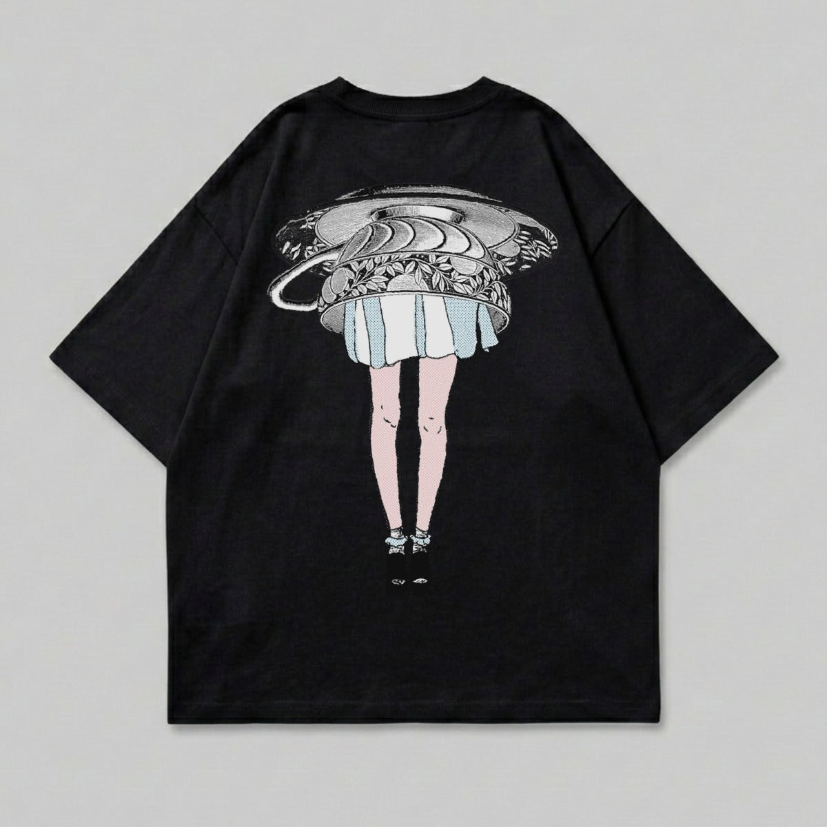 Black t-shirt with illustration of woman with teacup for a head.