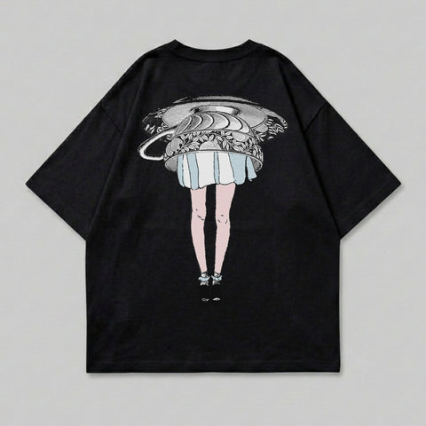 Black t-shirt with illustration of woman with teacup for a head.