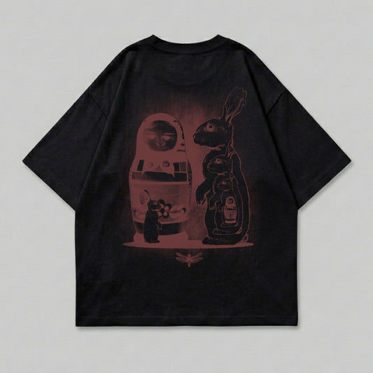 Black t-shirt with matryoshka doll and rabbit graphic.