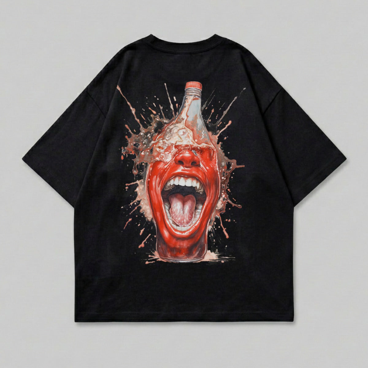 Black t-shirt with a graphic of a screaming face bursting from a bottle of liquid.