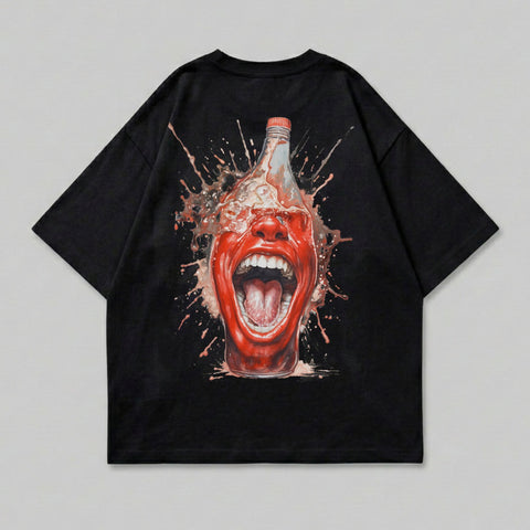 Black t-shirt with a graphic of a screaming face bursting from a bottle of liquid.
