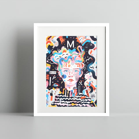 Vibrant Abstract Portrait with Blue Eyes Art Print