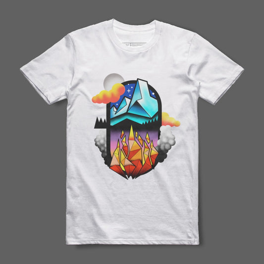 Vibrant Mountain and Flames Graphic T-shirt