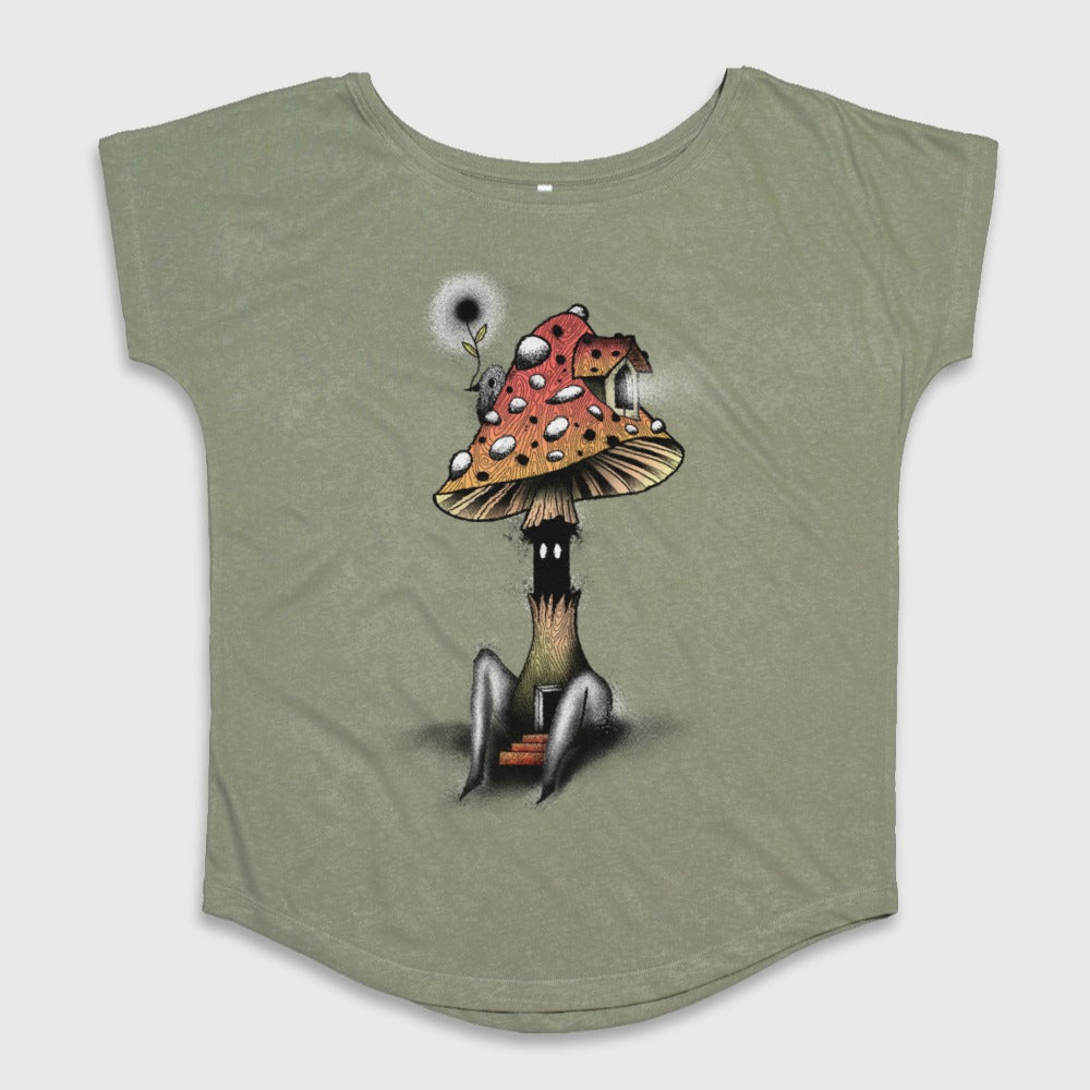 Whimsical Mushroom House with Legs Illustration Shirt