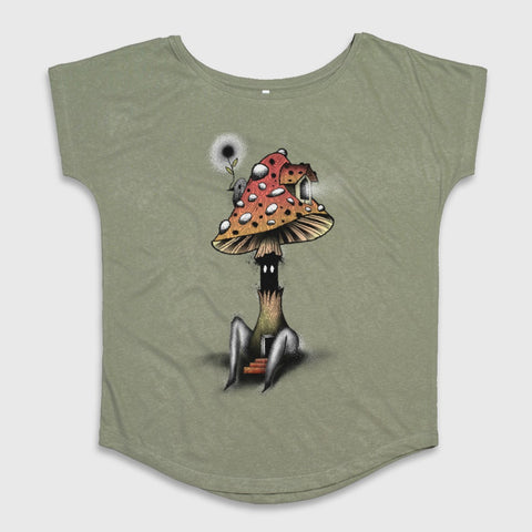 Whimsical Mushroom House with Legs Illustration Shirt