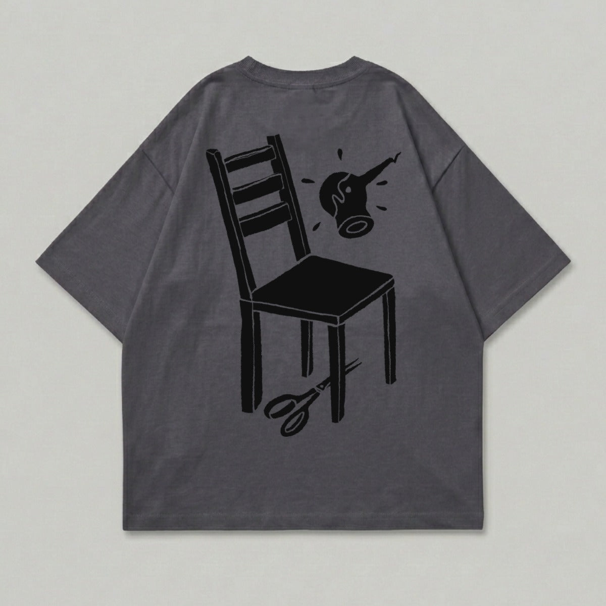 Charcoal Chair Scissors Explosion Graphic T-Shirt product type
Graphic Tee
Charcoal Shirt
Dark Grey Top
Abstract Design
Chair Graphic
Scissors Art
Splash Print
Unique Apparel
Streetwear Style
Casual Fashion
Back Print Tee
Oversized Fit
Minimalist Art
Surreal Graphic
Unisex Tee
Modern Design
Black Print
Comfortable Top
Statement Piece
Contemporary Art
