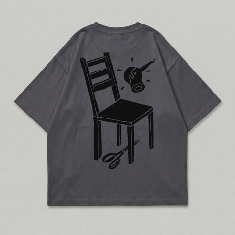 Charcoal Chair Scissors Explosion Graphic T-Shirt product type
Graphic Tee
Charcoal Shirt
Dark Grey Top
Abstract Design
Chair Graphic
Scissors Art
Splash Print
Unique Apparel
Streetwear Style
Casual Fashion
Back Print Tee
Oversized Fit
Minimalist Art
Surreal Graphic
Unisex Tee
Modern Design
Black Print
Comfortable Top
Statement Piece
Contemporary Art