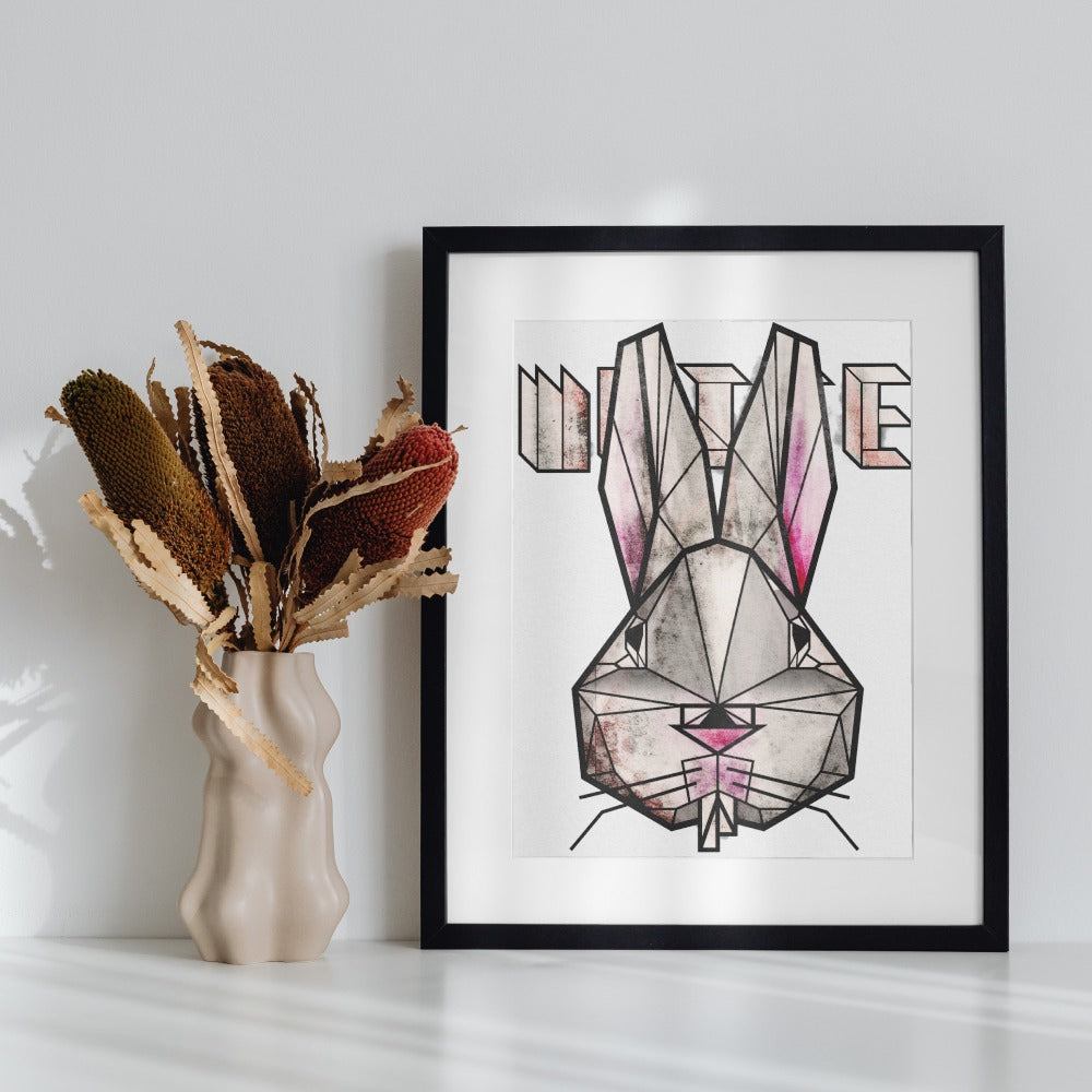Geometric Bunny Art Print in Black Frame wall art