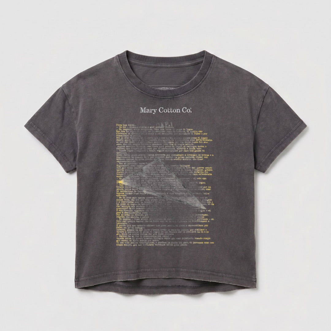 Dark grey t-shirt with "Mary Cotton Co." and textured grey text.