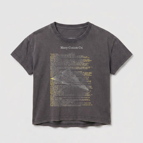 Dark grey t-shirt with "Mary Cotton Co." and textured grey text.