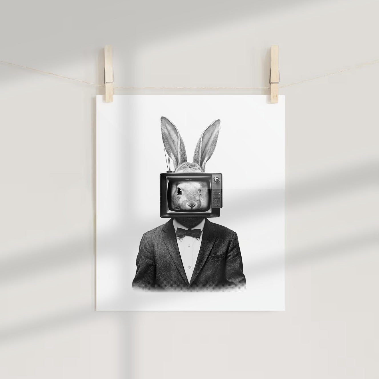 Rabbit Television Head in Suit Surreal Art Print