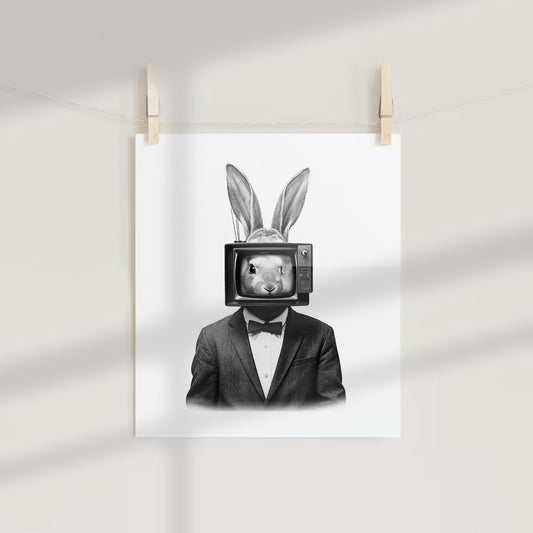 Rabbit Television Head in Suit Surreal Art Print