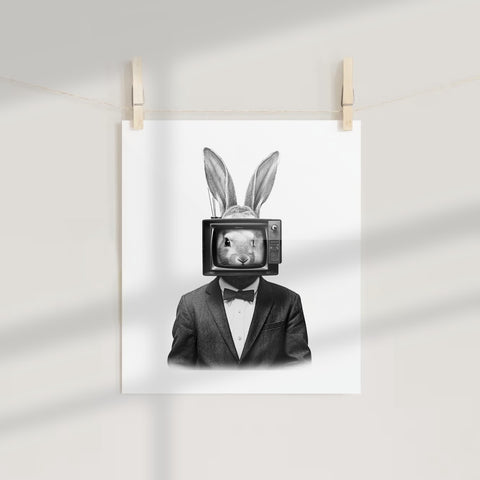 Rabbit Television Head in Suit Surreal Art Print