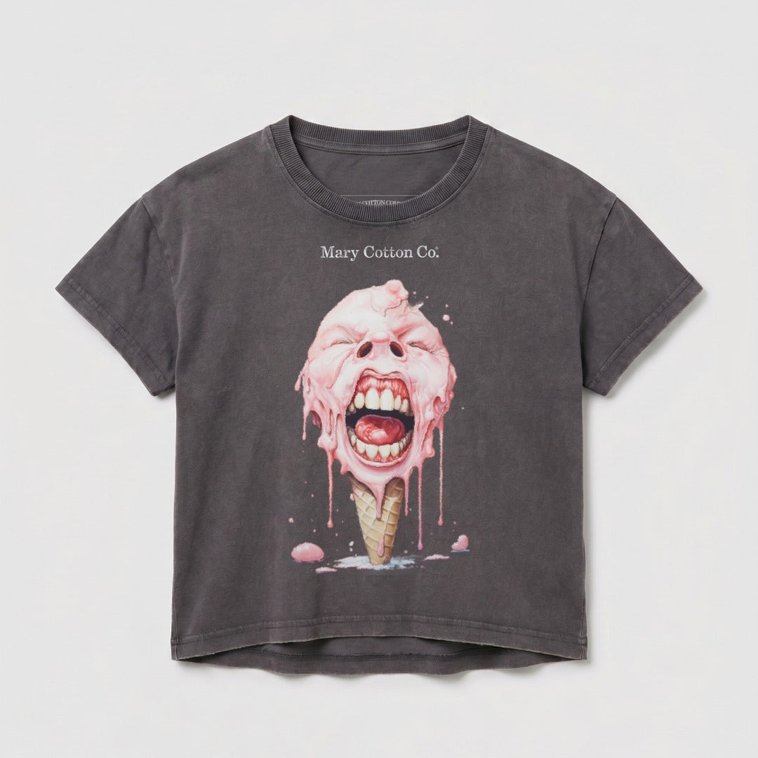 Dark grey t-shirt with screaming melting ice cream cone graphic and "Mary Cotton Co." text.