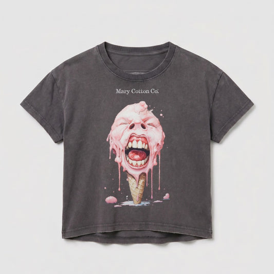 Dark grey t-shirt with screaming melting ice cream cone graphic and "Mary Cotton Co." text.
