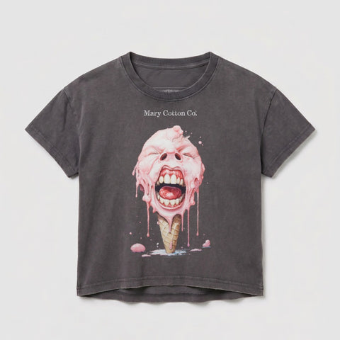 Dark grey t-shirt with screaming melting ice cream cone graphic and "Mary Cotton Co." text.