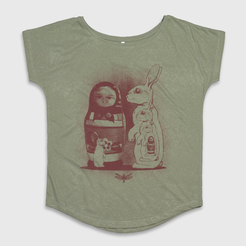 Artistic Doll and Rabbit Print on Ladies T-Shirt