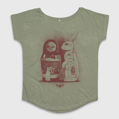 Artistic Doll and Rabbit Print on Ladies T-Shirt