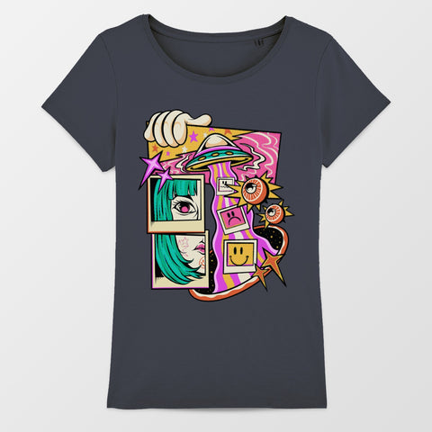 Colorful Retro Psychedelic UFO Graphic T-Shirt