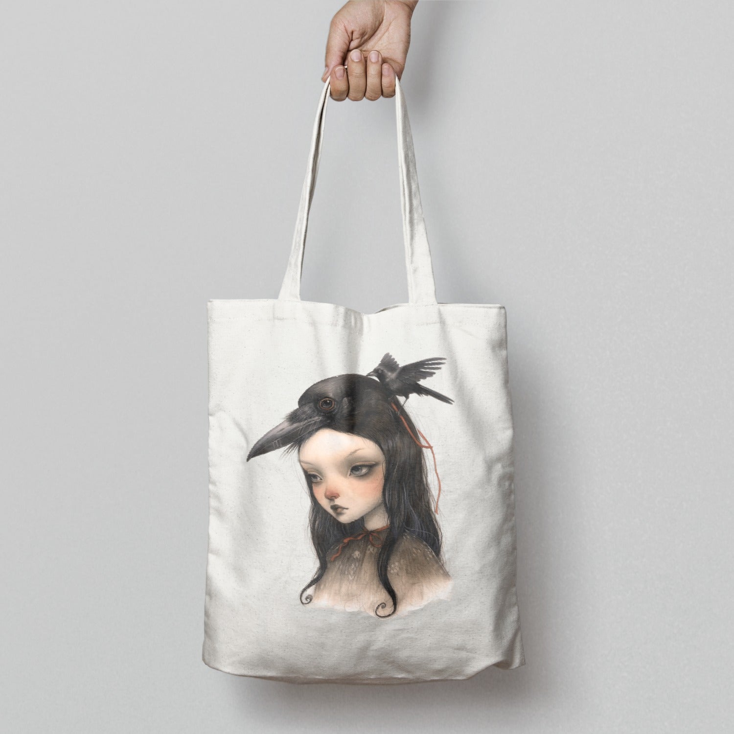 Stylish Artistic Tote Bag with Unique Crow Illustration