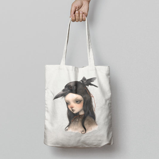 Stylish Artistic Tote Bag with Unique Crow Illustration