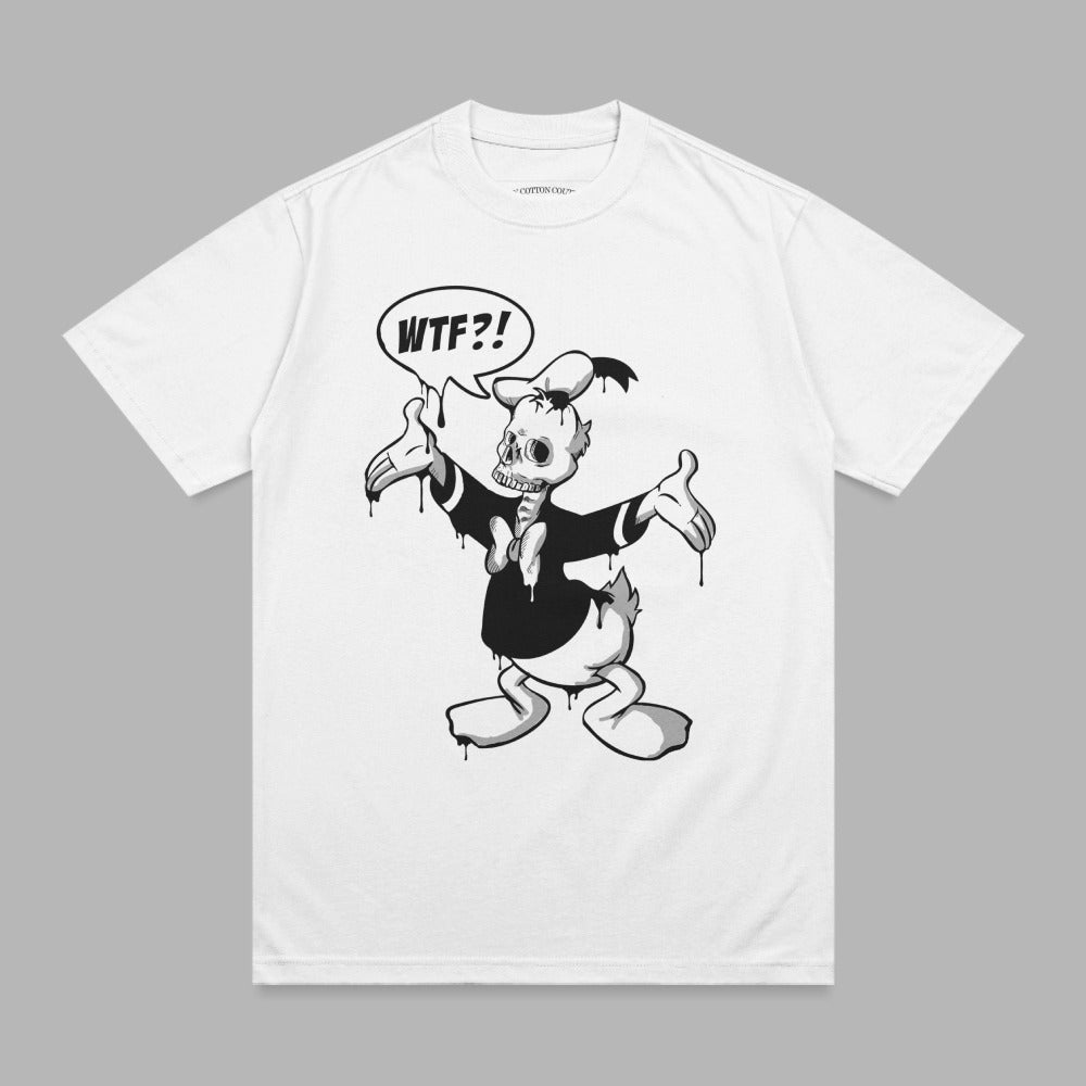 Skeleton Donald Duck t-shirt with "WTF?!" speech bubble.
