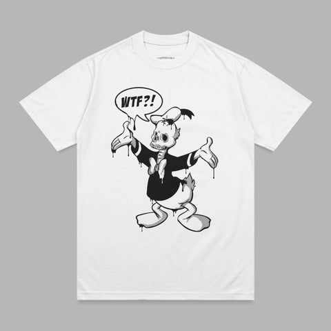 Skeleton Donald Duck t-shirt with "WTF?!" speech bubble.