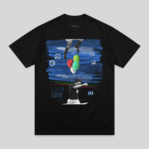 Black t-shirt featuring "Il Divin Codino" graphic with balloons and soccer player.