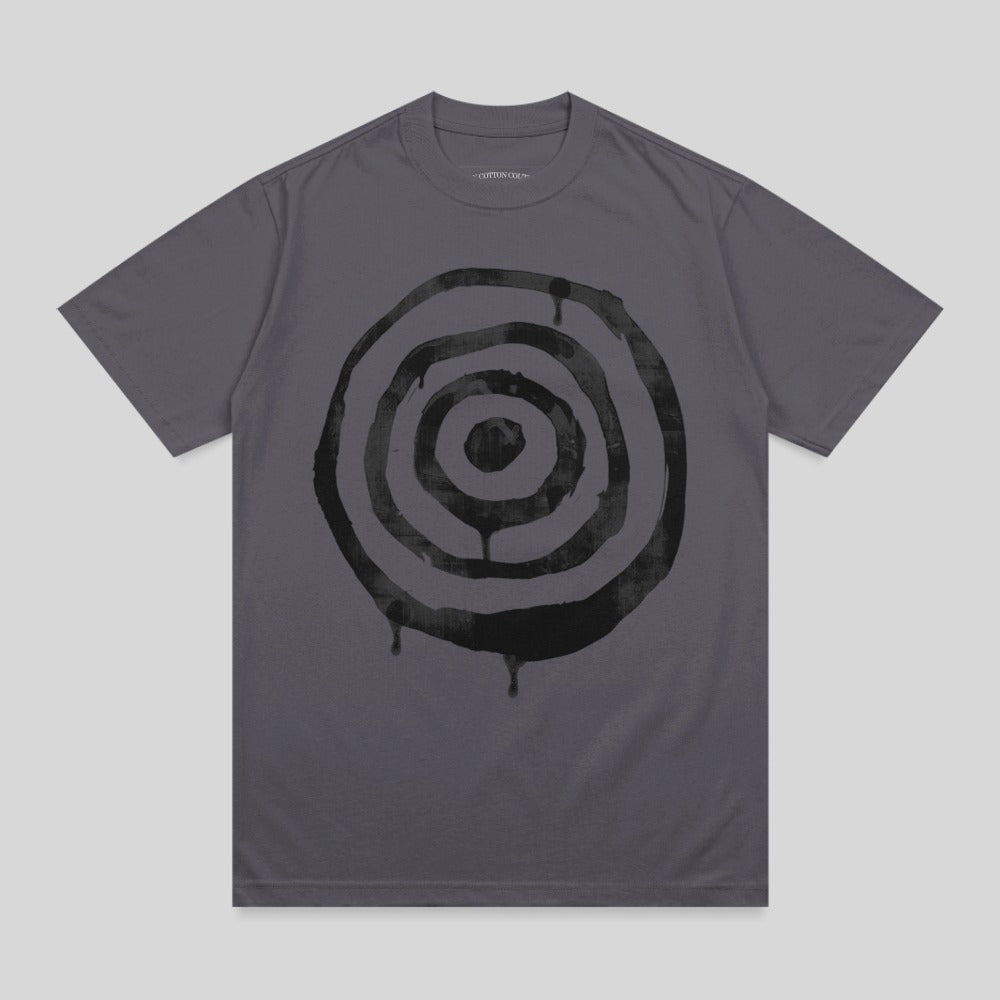 Charcoal t-shirt with a black, dripping target graphic.